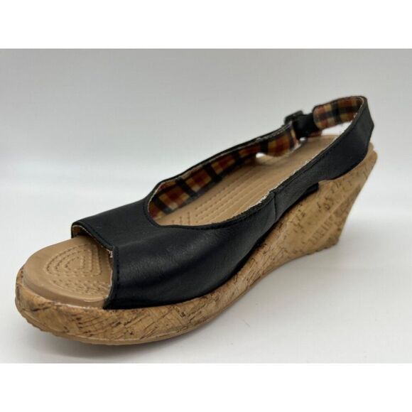 Crocs A-Leigh Women Black Leather Slingback Cork Wedge Sandals Size W8 - Picture 1 of 7
